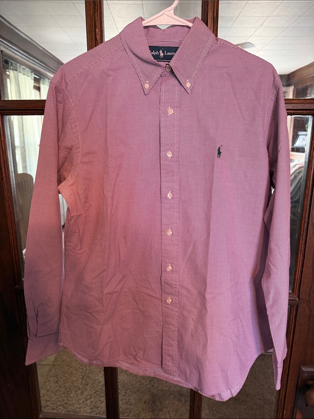 Ralph Lauren Men Classic Fit Gingham Button Down Shirt Burgundy White 15.5 32/33